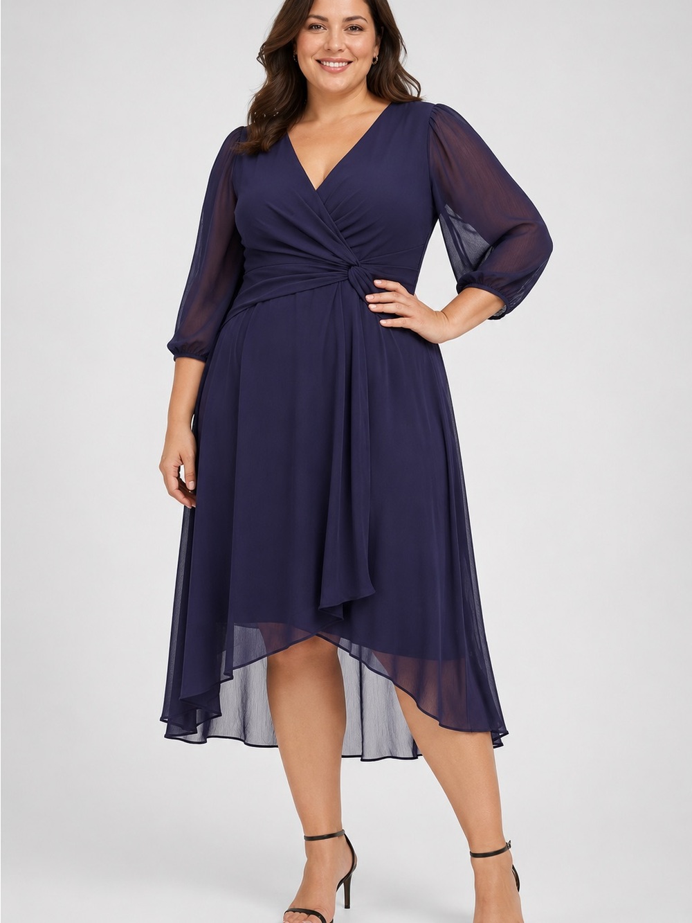 DKNY Deep purple Sheer-Sleeve High-Low Wrap Dress